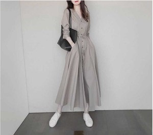Casual Dress Plain Color Long Skirt Long Sleeves V-Neck One-piece Dress Ladies'