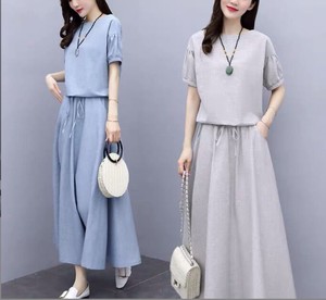 Skirt Suit Plain Color Cotton Linen Ladies' Short-Sleeve