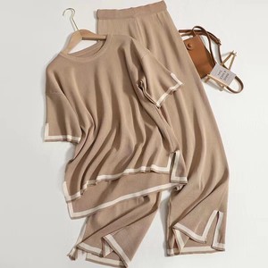 Pantsuit Knitted Plain Color Wide Pants Ladies' Short-Sleeve