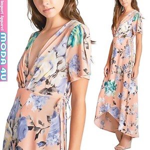 洋装/连衣裙 V领 粉色 洋装/连衣裙 花卉图案
