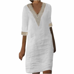 Casual Dress Plain Color V-Neck Cotton Linen One-piece Dress Ladies'