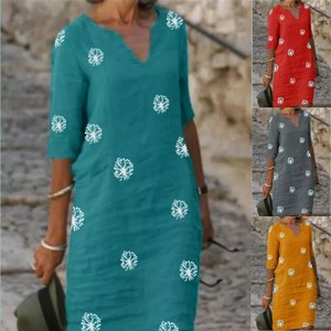 Casual Dress Floral Pattern V-Neck Cotton Linen One-piece Dress Ladies'