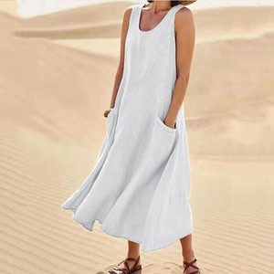 Casual Dress Plain Color Cotton Linen Sleeveless One-piece Dress Ladies'
