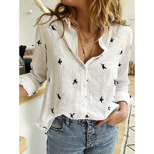 Button Shirt/Blouse Long Sleeves Floral Pattern Cotton Linen Ladies'