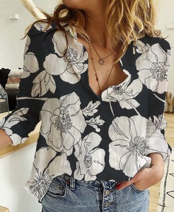 Button Shirt/Blouse Long Sleeves Floral Pattern Cotton Linen Ladies