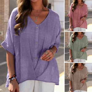 Button Shirt/Blouse V-Neck Cotton Linen Ladies' Short-Sleeve