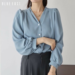 【パールドットボタン長袖ブラウス】再入荷　トップス　シャツ　無地