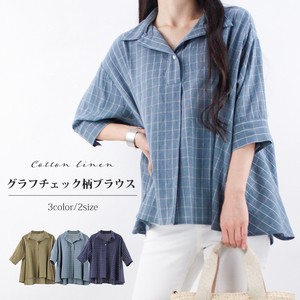 Button Shirt/Blouse Plaid Cotton Linen Cotton