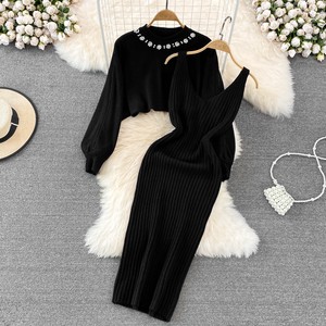 Casual Dress Knitted Plain Color Long Sleeves One-piece Dress Set of 2