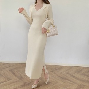 Casual Dress Knitted Plain Color Long Sleeves V-Neck Slim Ladies