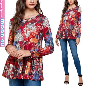 T-shirt Red Floral Pattern Tops Switching Tiered
