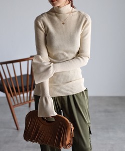 Sweater/Knitwear Slit High-Neck Ribbed Knit