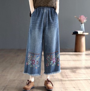 长裤 刺绣 女士 花卉图案 宽版裤