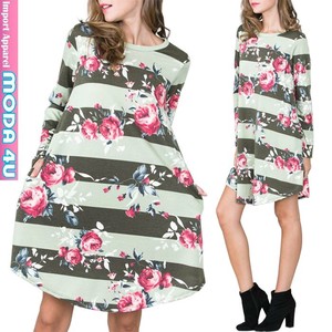 Casual Dress Tunic Long Sleeves Floral Pattern V-Neck Border