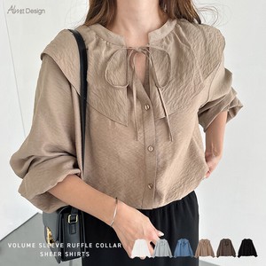 Button Shirt/Blouse Puff Sleeve Sheer