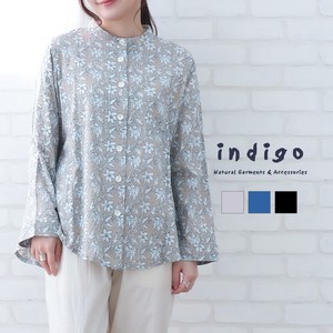 Button Shirt/Blouse Flower Print Long Sleeves Summer Cotton Indigo Spring