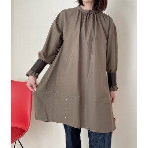 Button Shirt/Blouse Tunic Gathered Stand-up Collar