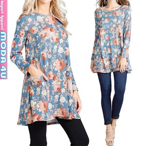 Tunic Brushing Fabric Floral Pattern Pocket Tops