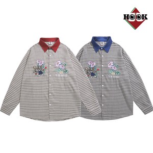 【HOOK】-original- レトロ調可愛いワンちゃん刺繍チェック柄長袖シャツ