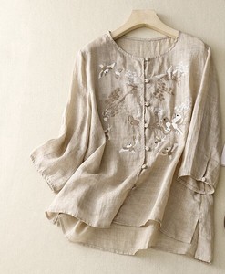 Button Shirt/Blouse Cotton Linen Embroidered Ladies'