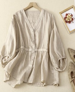 Button Shirt/Blouse V-Neck Cotton Linen Ladies'