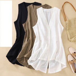 Button Shirt/Blouse Plain Color V-Neck Cotton Linen Ladies