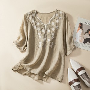 Button Shirt/Blouse Plain Color V-Neck Cotton Linen Ladies' Short-Sleeve