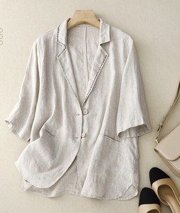 Coat Plain Color 3/4 Length Sleeve Outerwear Cotton Linen Ladies'