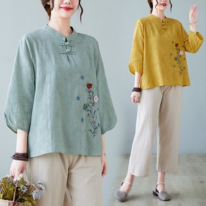 Button Shirt/Blouse Cotton Linen Ladies'