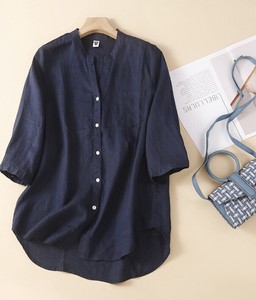 Button Shirt/Blouse Half Sleeve Plain Color Cotton Linen Ladies'