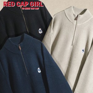 Sweater/Knitwear with Emblem Half Zipper RED CAP GIRL Ribbed Knit Loose Size