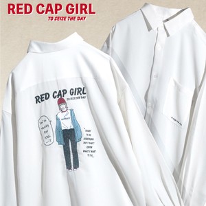 【RED CAP GIRL】ナチュラルストレッチポリエステル バック刺繍 ルーズサイズ長袖シャツ