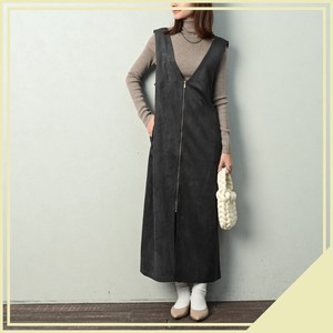Casual Dress Front/Rear 2-way V-Neck Suede Jumper Skirt