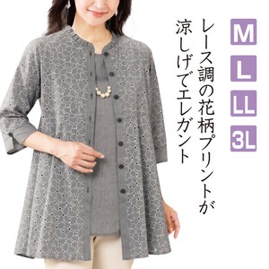 【レディースファッション】レースプリント カットワークブラウス アンサンブル★7分袖 婦人服 ミセス