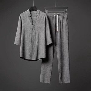 パンツスーツ  五分袖 シャツ + 長いズボン  二点セット  無地    快適 メンズファッション     LHA588