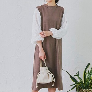 Casual Dress Long Mixing Texture Feather Sleeve One-piece Dress Switching Autumn/Winter
