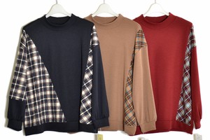 T-shirt Plain Color Long Sleeves Plaid Switching Cut-and-sew