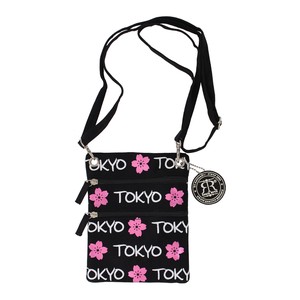 和風 ショルダーバッグ ネックウォレット サクラキラキラ　桜 花 和柄　TOKYO 黒色 ﾌﾞﾗｯｸ 16×20.5cm