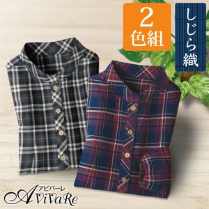 ★2色組★しじら織かっぽうシャツ★長袖 レディース トップス 割烹着 ミセス 婦人服 チェック柄