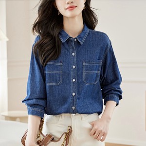 Button Shirt/Blouse Plain Color Long Sleeves Ladies