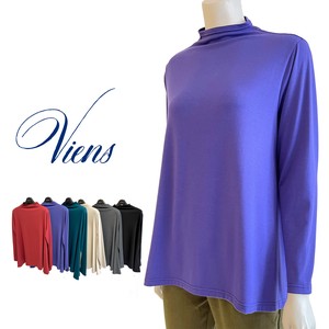 T-shirt Bottle Neck Plain Color Long Sleeves A-Line Cut-and-sew 6-colors
