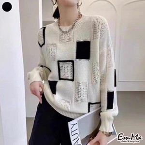 【2023AW】 EF1158 刺繍ニットセーター ブロックチェック レトロカジュアル 秋 冬