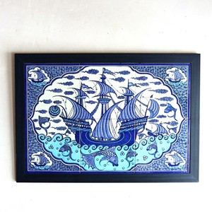 トルコ陶器 手書き6枚タイル H67×W45×D1.5cm チャナッカレ 帆船 ブルーネイビー 手書き陶器