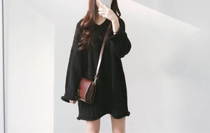 Casual Dress Knitted Plain Color Long Sleeves V-Neck One-piece Dress Ladies' Autumn/Winter