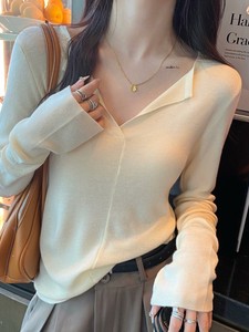 Sweater/Knitwear Knitted Plain Color Long Sleeves V-Neck Ladies