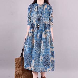 Casual Dress Long Sleeves Floral Pattern Cotton Linen Ladies