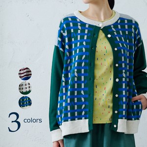 Cardigan Color Palette Jacquard Knitted Spring/Summer Check Cotton