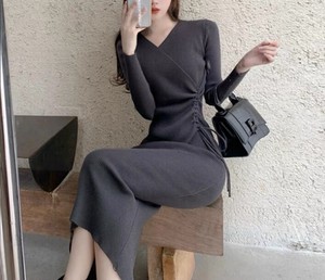 Casual Dress Knitted Plain Color Long Sleeves V-Neck One-piece Dress Ladies'