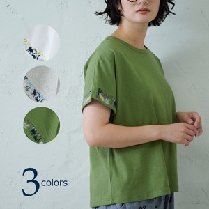 emago T-shirt Dolman Sleeve Cotton Linen Embroidered