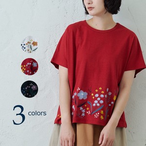 emago T-shirt Dolman Sleeve Flower Cotton Linen NEW 2024 Spring/Summer